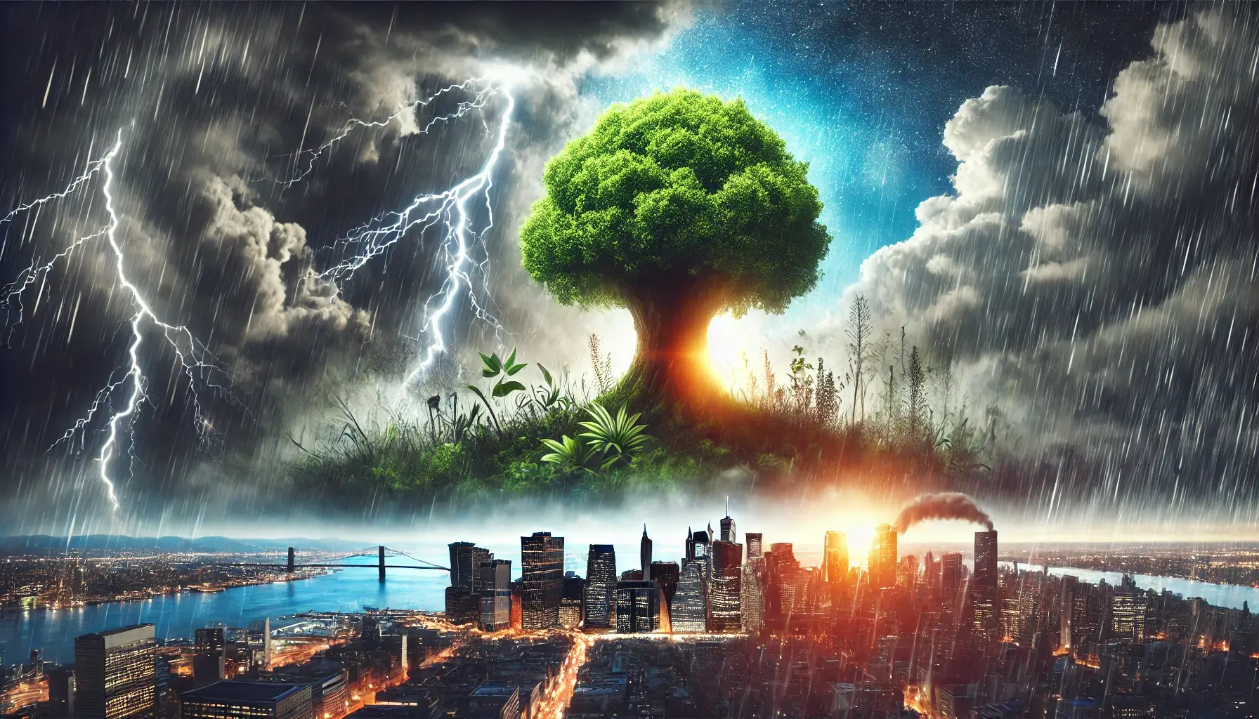 Ein Bild, das eine Stadt in einer Krise zeigt, mit einem stürmischen Himmel, Blitzen und Regen, während im Vordergrund ein Baum wächst, der die Chancen symbolisiert, die aus Krisen entstehen können.