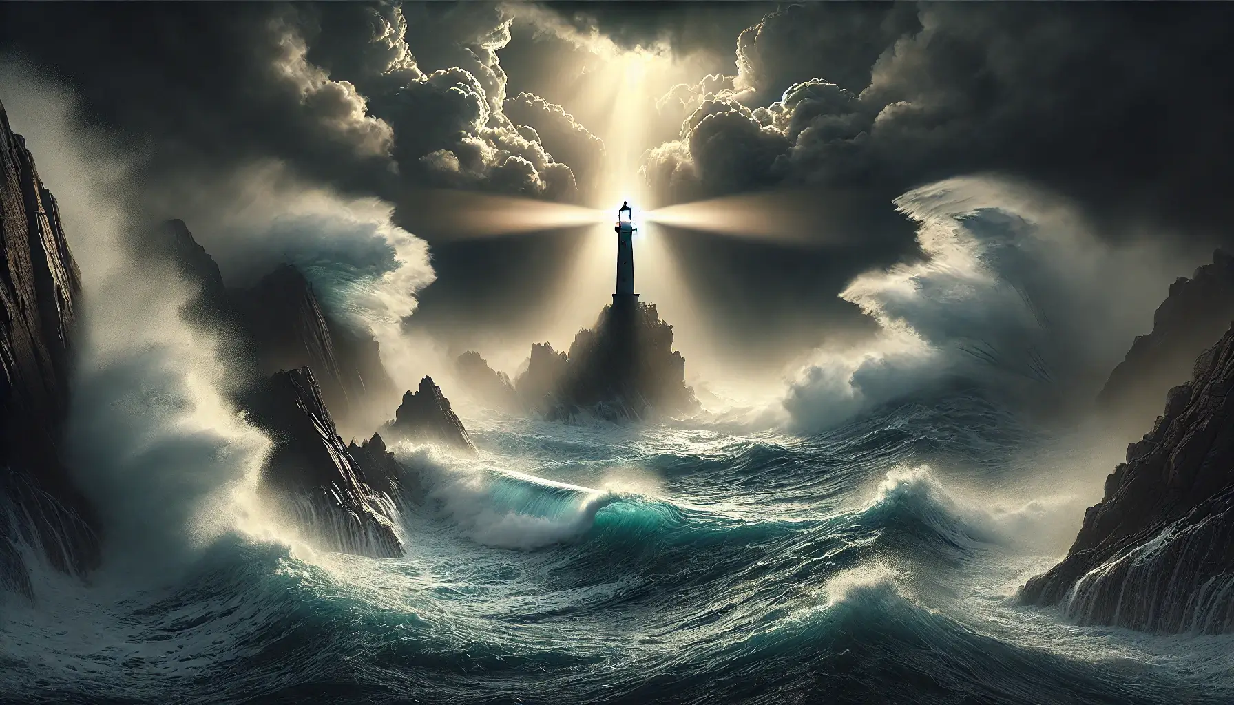 Ein Bild eines stürmischen Meeres mit gewaltigen Wellen, die gegen eine felsige Küste schlagen. Ein Leuchtturm in der Mitte strahlt Licht durch die dunklen Wolken und symbolisiert Hoffnung und Chancen inmitten von Krisen.