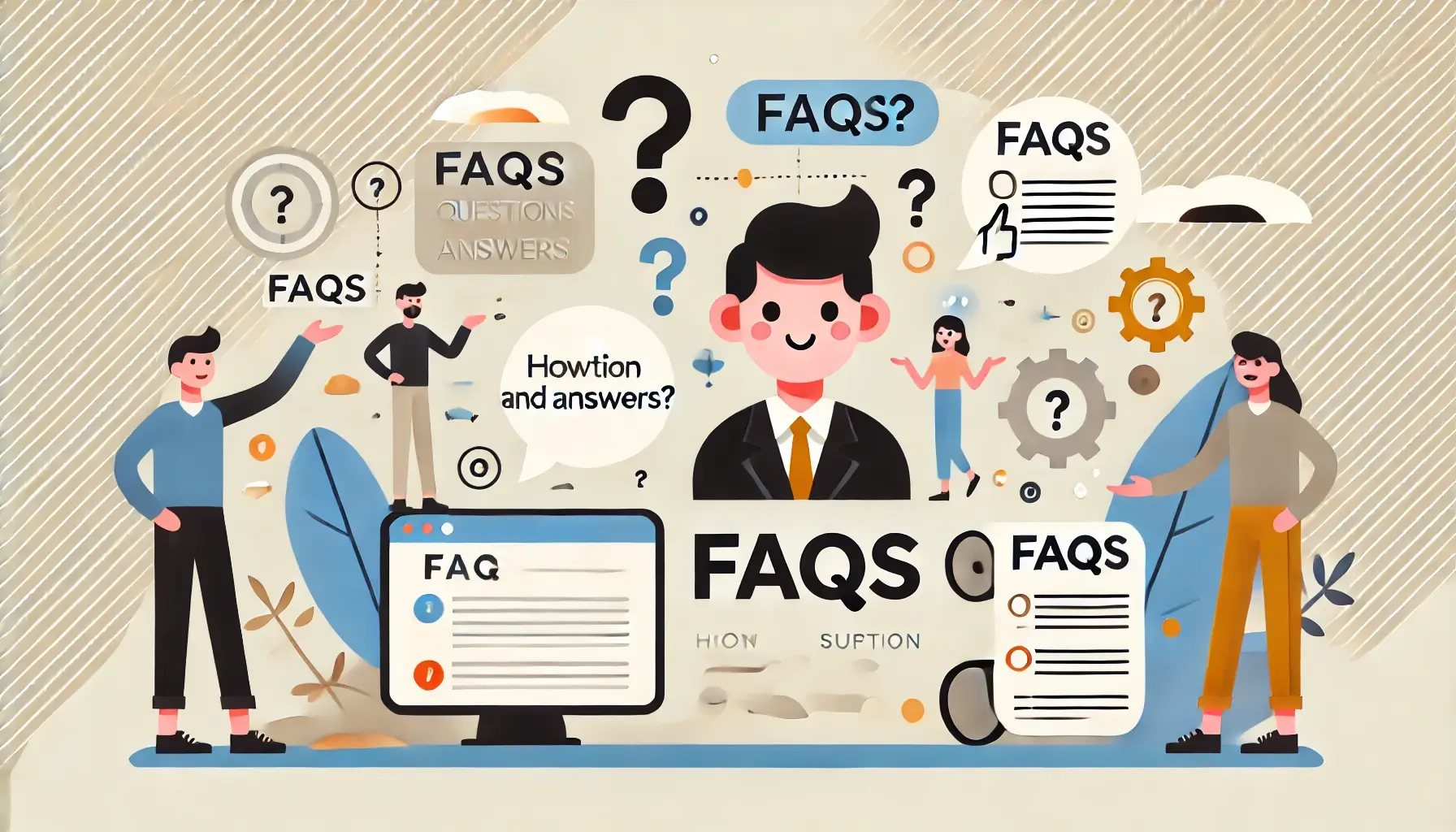 Bild einer modernen Darstellung von FAQs zum Thema Online-Coaching, mit Symbolen wie Fragezeichen und Sprechblasen. Es erklärt Themen wie Flexibilität, Sicherheit, technische Voraussetzungen und Kosten des Online-Coachings.