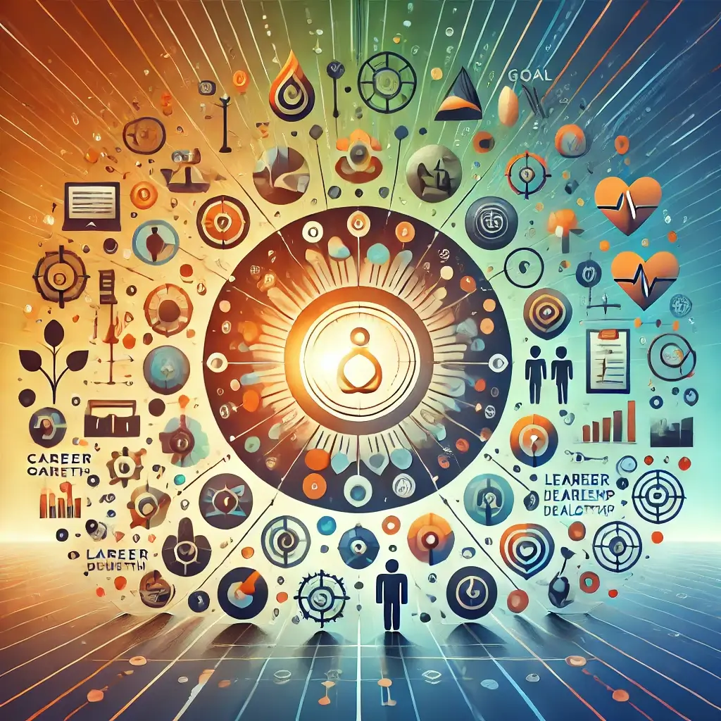 Ein symbolisches Bild, das die vielen Facetten des Coachings zeigt, darunter Zielsetzung, persönliche und berufliche Entwicklung, Führung, Gesundheit und Karriere. Es repräsentiert die transformative Kraft des Coachings in verschiedenen Lebensbereichen.