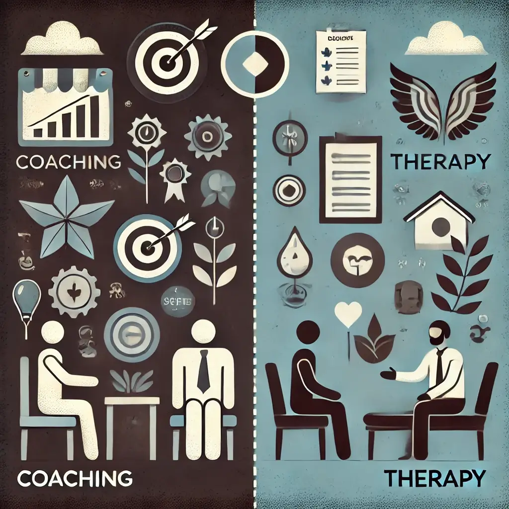 Ein Bild, das den Unterschied zwischen Coaching und Therapie veranschaulicht. Auf der linken Seite Symbole für Coaching wie Zielscheiben und persönliche Entwicklung, auf der rechten Seite Symbole für Therapie wie emotionale Heilung und Unterstützung.