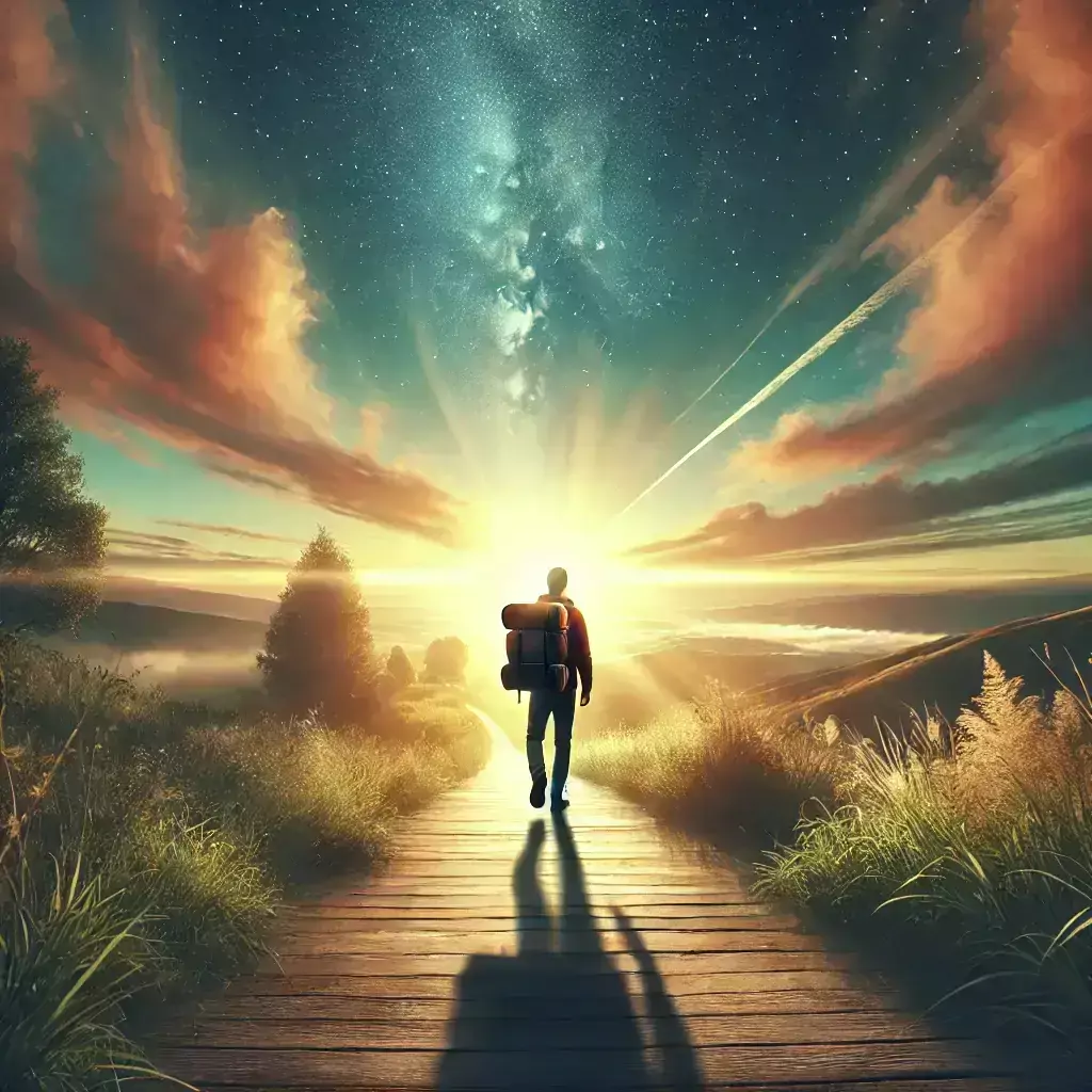 Ein Wanderer auf einem Weg, der einem hellen Licht entgegengeht, symbolisiert Hoffnung, neue Anfänge und persönliche Transformation. Das Bild stellt den Coaching-Prozess dar, der Klienten hilft, alte Muster loszulassen und ihr volles Potenzial zu entfalten.