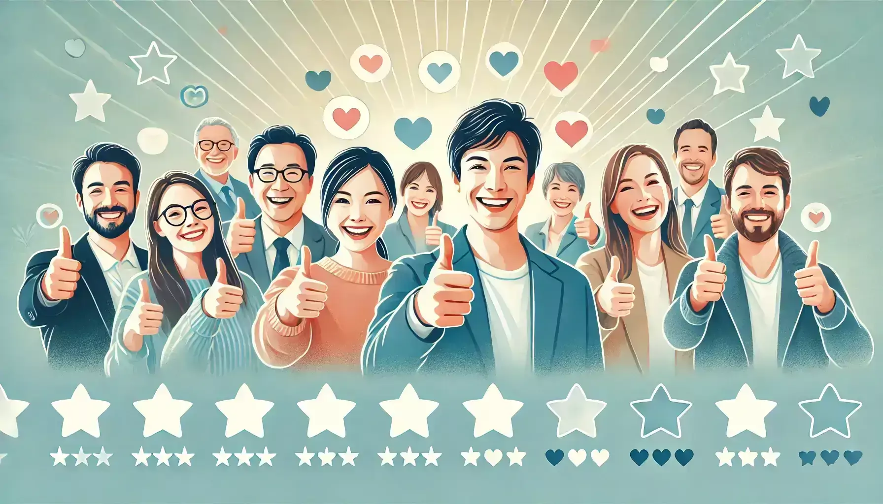 Bild einer Gruppe glücklicher Kunden, die Daumen hoch zeigen, als Symbol für die Zufriedenheit und den Erfolg, den sie durch das Coaching erreicht haben. Repräsentation von positiven Testimonials und erfolgreichem Coaching.