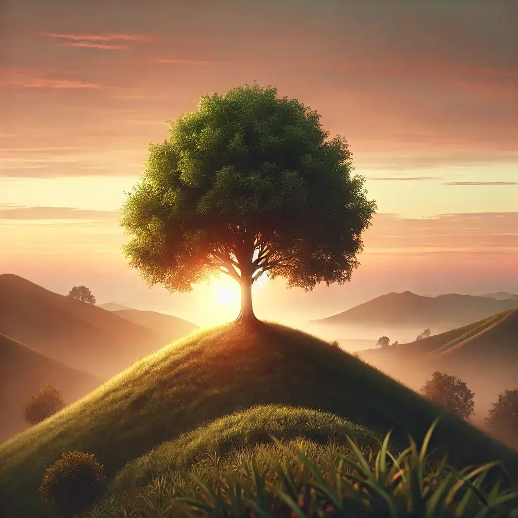 Ein einzelner Baum steht auf einem Hügel bei Sonnenaufgang und symbolisiert Resilienz, innere Stärke, spirituelle Transformation und die Überwindung von Blockaden